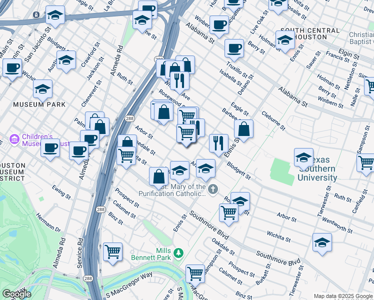 map of restaurants, bars, coffee shops, grocery stores, and more near 4804 Delano Street in Houston