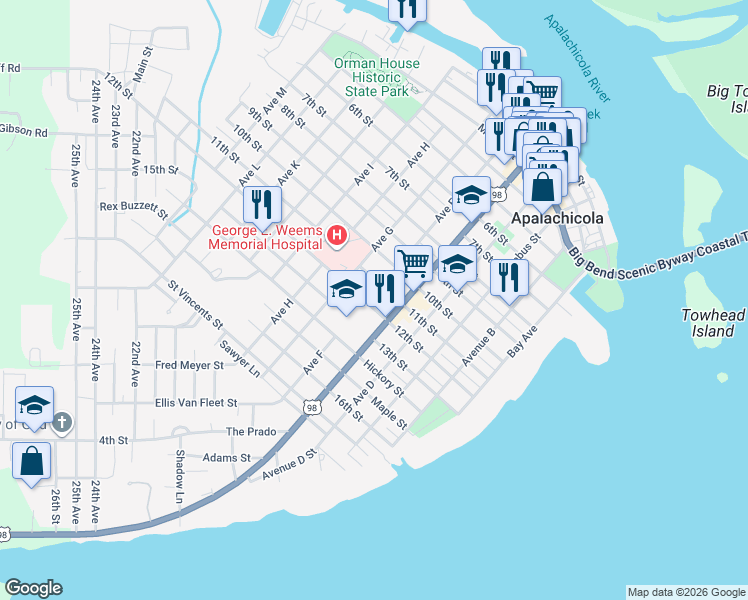 map of restaurants, bars, coffee shops, grocery stores, and more near 83 12th Street in Apalachicola