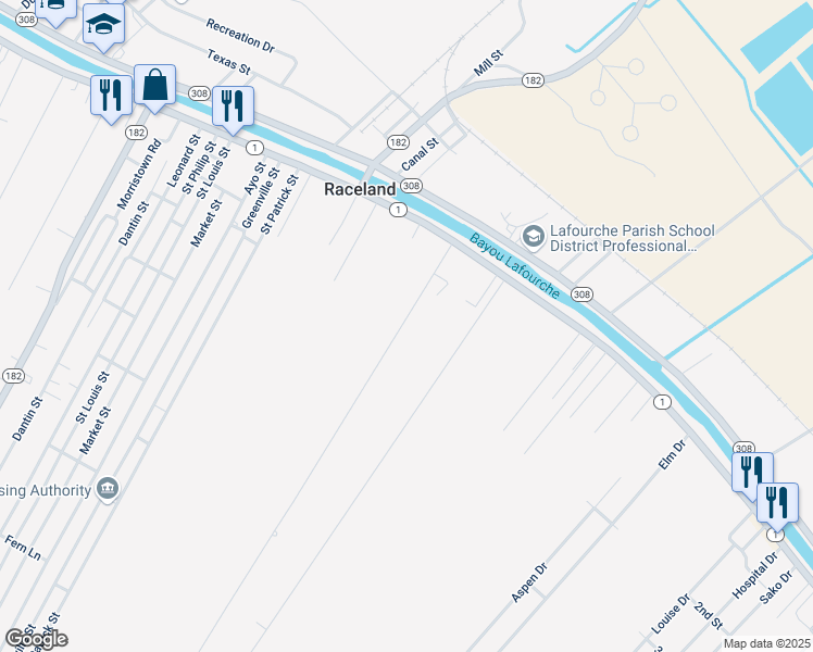 map of restaurants, bars, coffee shops, grocery stores, and more near 189 Saint Ann Street in Raceland