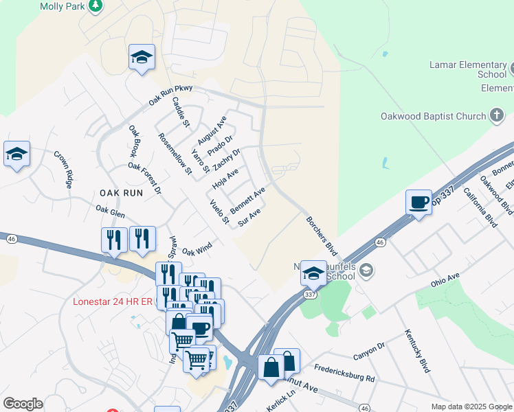 map of restaurants, bars, coffee shops, grocery stores, and more near 2220 Sur Avenue in New Braunfels
