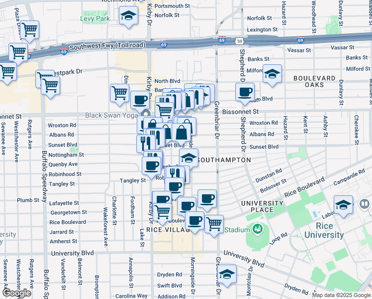 map of restaurants, bars, coffee shops, grocery stores, and more near 2404 Nottingham Street in Houston