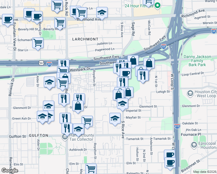 map of restaurants, bars, coffee shops, grocery stores, and more near 5510 South Rice Avenue in Houston
