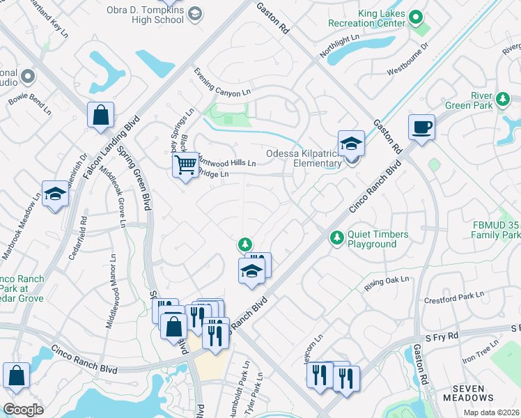 map of restaurants, bars, coffee shops, grocery stores, and more near 4742 Camden Brook Lane in Katy