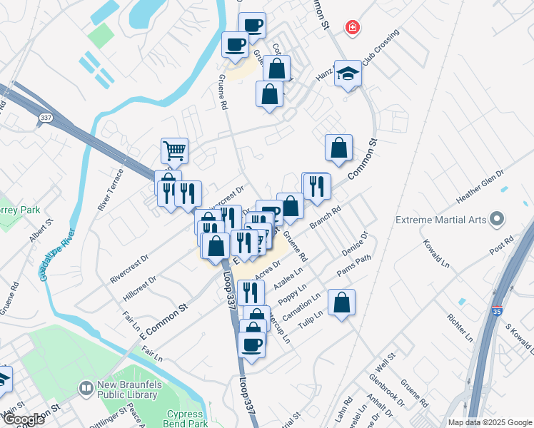map of restaurants, bars, coffee shops, grocery stores, and more near 683 Gruene Road in New Braunfels