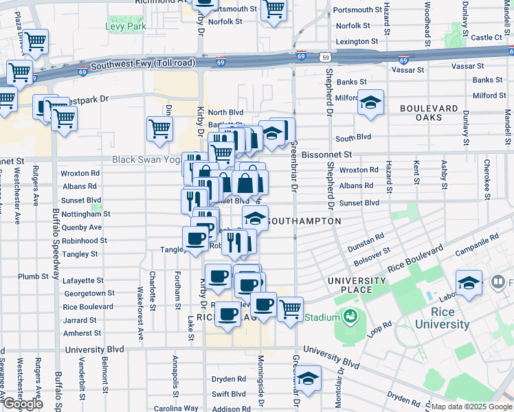 map of restaurants, bars, coffee shops, grocery stores, and more near 2404 Nottingham Street in Houston