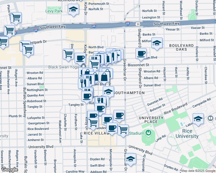 map of restaurants, bars, coffee shops, grocery stores, and more near 2404 Nottingham Street in Houston