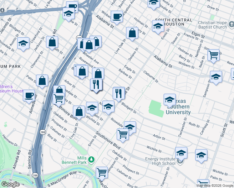 map of restaurants, bars, coffee shops, grocery stores, and more near 2918 Ruth Street in Houston