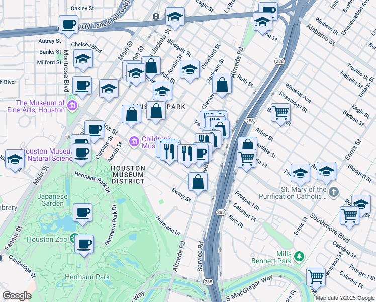 map of restaurants, bars, coffee shops, grocery stores, and more near 1916 Prospect Street in Houston