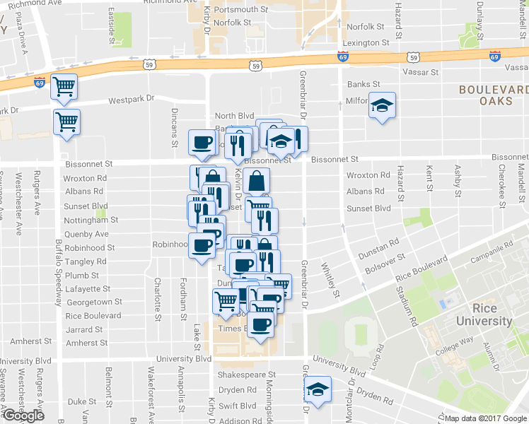 map of restaurants, bars, coffee shops, grocery stores, and more near 2401 Sunset Boulevard in Houston