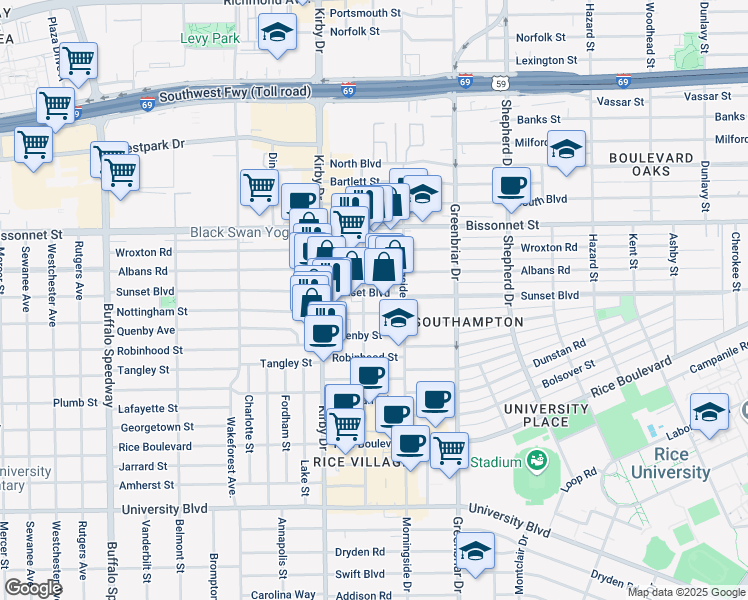 map of restaurants, bars, coffee shops, grocery stores, and more near 2436 Nottingham Street in Houston