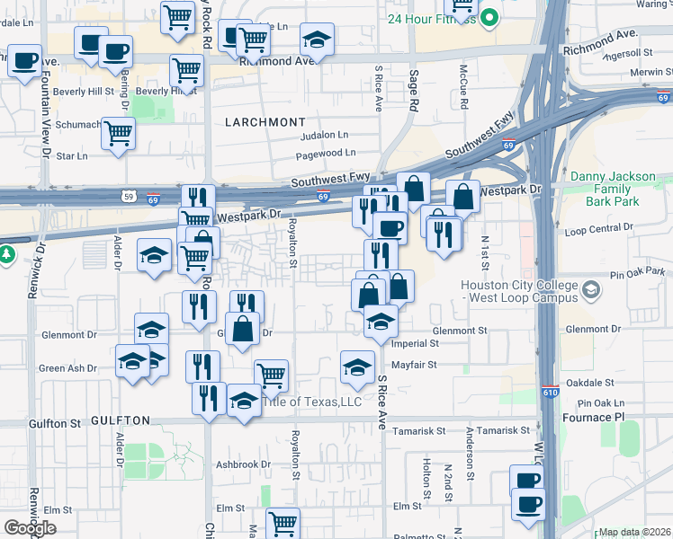 map of restaurants, bars, coffee shops, grocery stores, and more near 5510 South Rice Avenue in Houston