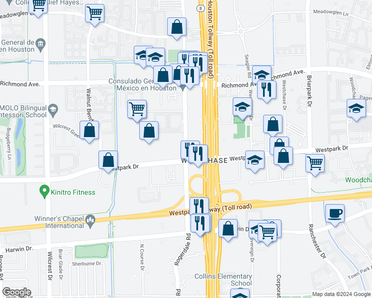 map of restaurants, bars, coffee shops, grocery stores, and more near 10610 Westpark Drive in Houston