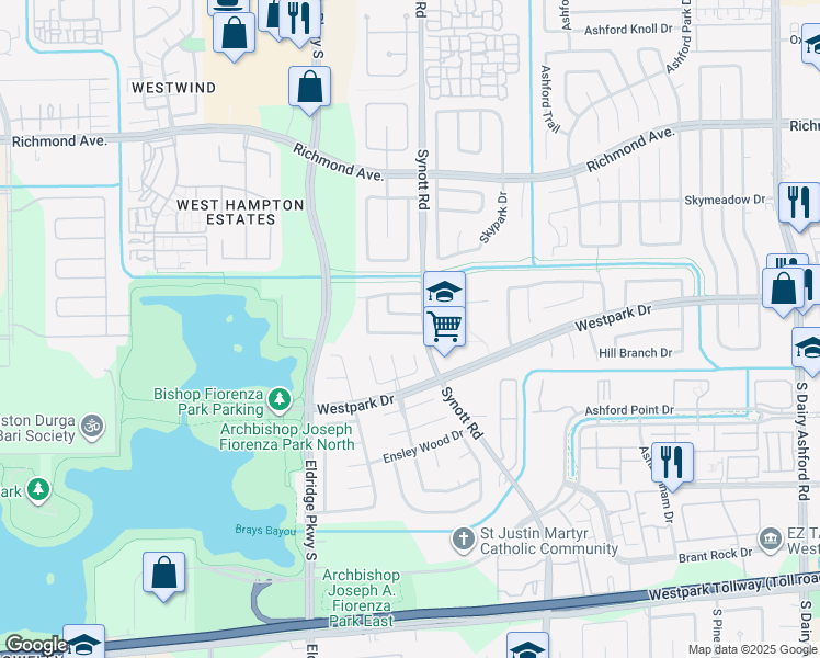 map of restaurants, bars, coffee shops, grocery stores, and more near 13123 Creekview Park Drive in Houston