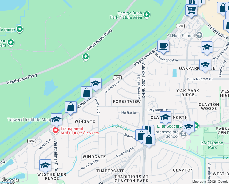 map of restaurants, bars, coffee shops, grocery stores, and more near 15823 Thistledew Drive in Houston