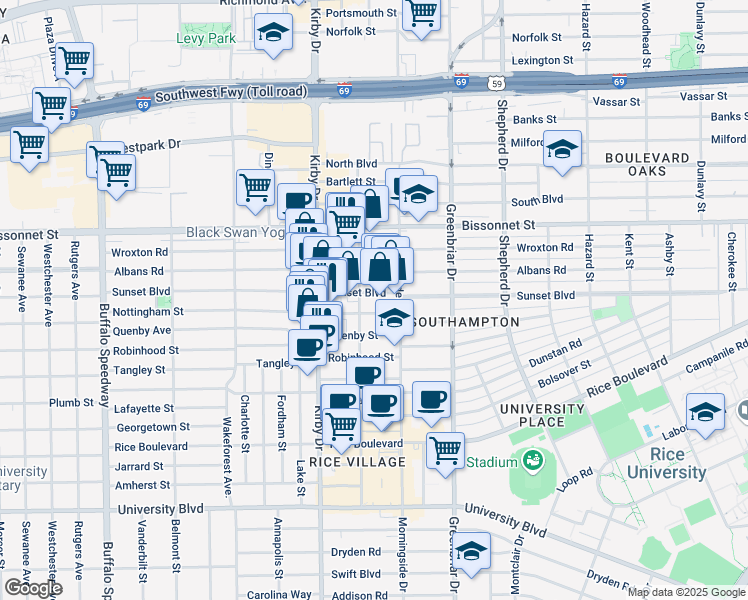 map of restaurants, bars, coffee shops, grocery stores, and more near 2436 Nottingham Street in Houston