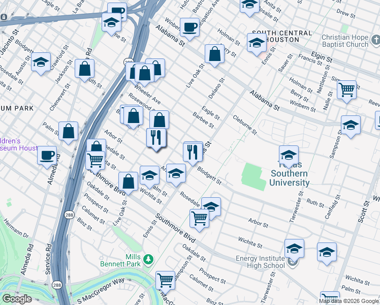 map of restaurants, bars, coffee shops, grocery stores, and more near 2918 Ruth Street in Houston