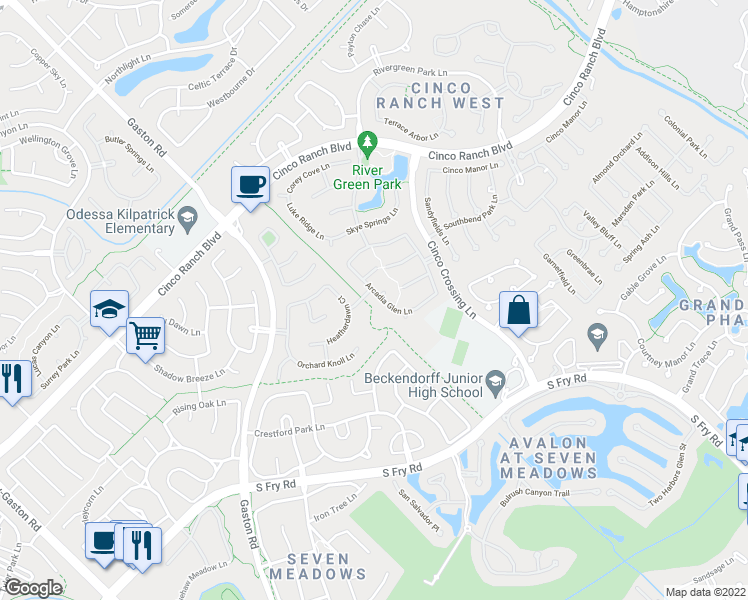 map of restaurants, bars, coffee shops, grocery stores, and more near 5306 Arcadia Glen Lane in Katy