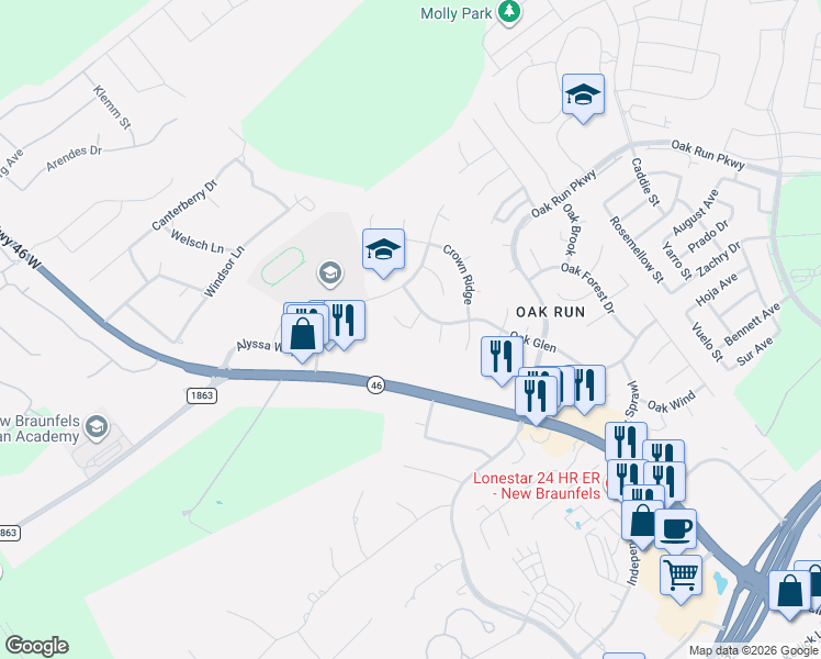 map of restaurants, bars, coffee shops, grocery stores, and more near 229 Bending Oak in New Braunfels