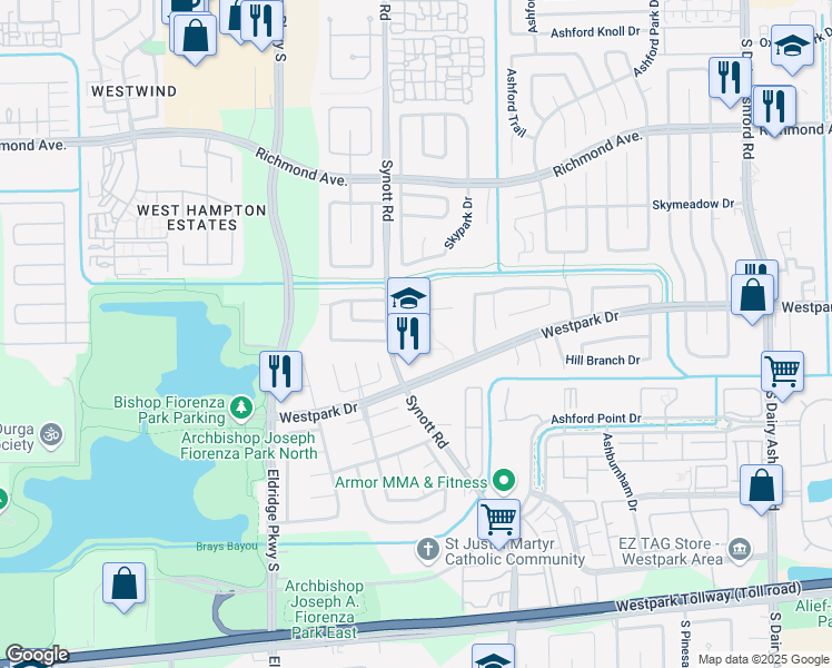 map of restaurants, bars, coffee shops, grocery stores, and more near 3303 Synott Road in Houston