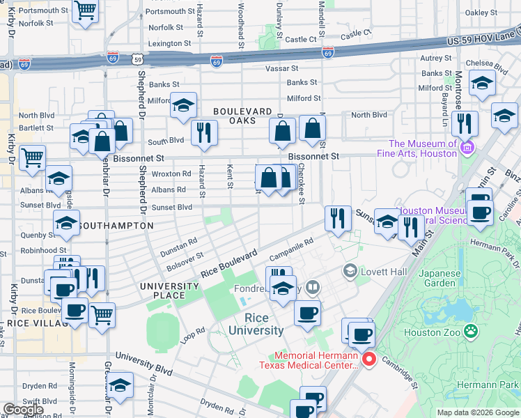 map of restaurants, bars, coffee shops, grocery stores, and more near 1763 Sunset Boulevard in Houston