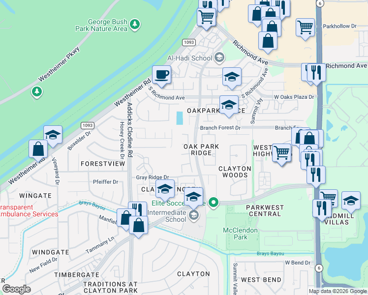 map of restaurants, bars, coffee shops, grocery stores, and more near 15014 Tara Ridge Oak Court in Houston