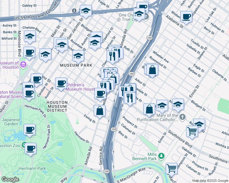 map of restaurants, bars, coffee shops, grocery stores, and more near 2111 Southmore Boulevard in Houston