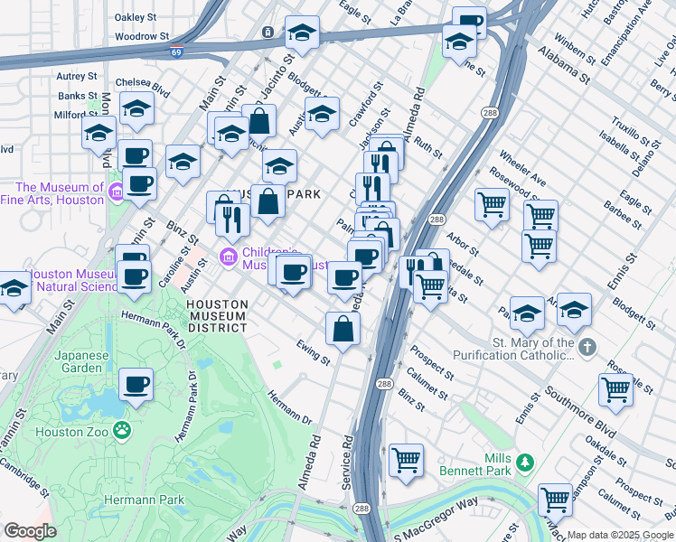 map of restaurants, bars, coffee shops, grocery stores, and more near 1916 Prospect Street in Houston