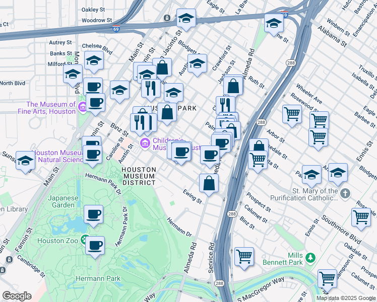 map of restaurants, bars, coffee shops, grocery stores, and more near 5409 Chenevert Street in Houston