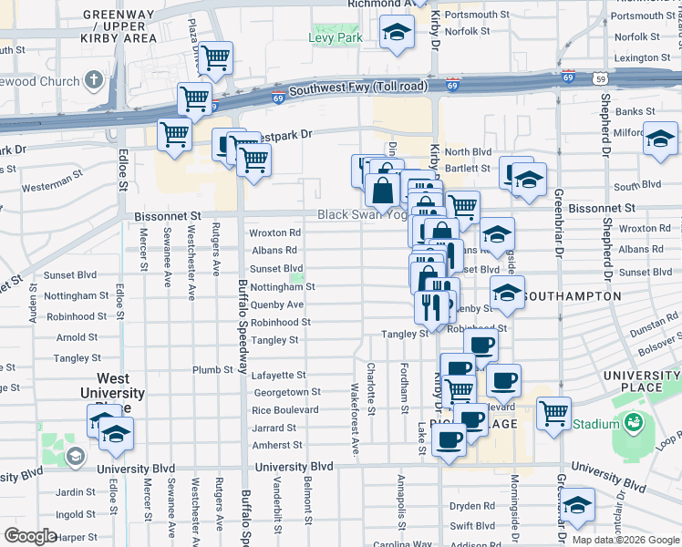 map of restaurants, bars, coffee shops, grocery stores, and more near 2808 Nottingham Street in Houston