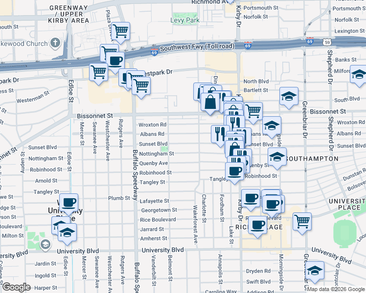 map of restaurants, bars, coffee shops, grocery stores, and more near 2918 Nottingham Street in Houston
