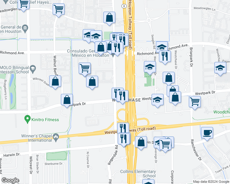 map of restaurants, bars, coffee shops, grocery stores, and more near 10610 Westpark Drive in Houston