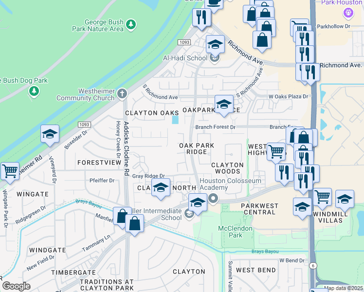 map of restaurants, bars, coffee shops, grocery stores, and more near 3311 Sapling Oak Drive in Houston