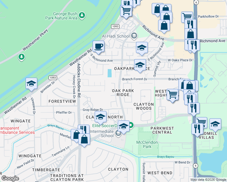 map of restaurants, bars, coffee shops, grocery stores, and more near 3311 Sapling Oak Drive in Houston