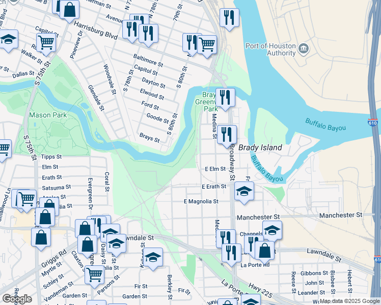map of restaurants, bars, coffee shops, grocery stores, and more near 416 Fennell Street in Houston