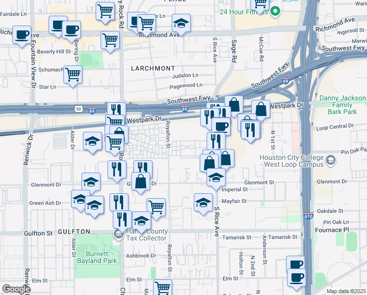 map of restaurants, bars, coffee shops, grocery stores, and more near 5510 South Rice Avenue in Houston