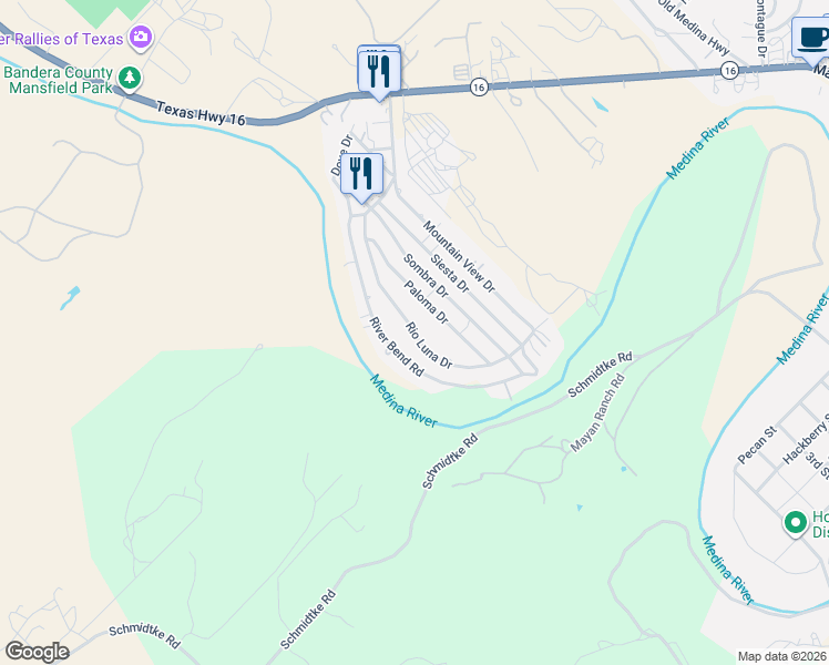 map of restaurants, bars, coffee shops, grocery stores, and more near 772 River Bend Road in Bandera