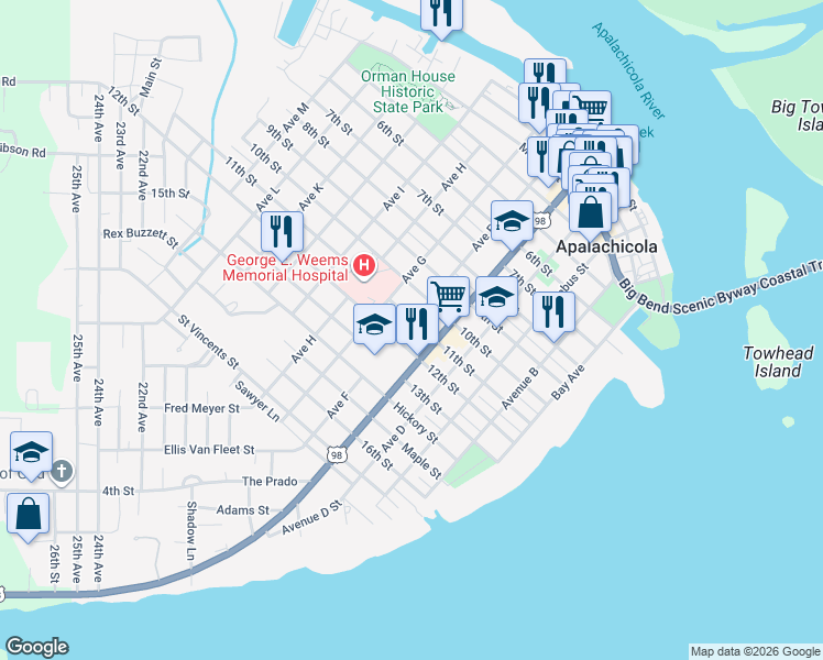 map of restaurants, bars, coffee shops, grocery stores, and more near 83 12th Street in Apalachicola