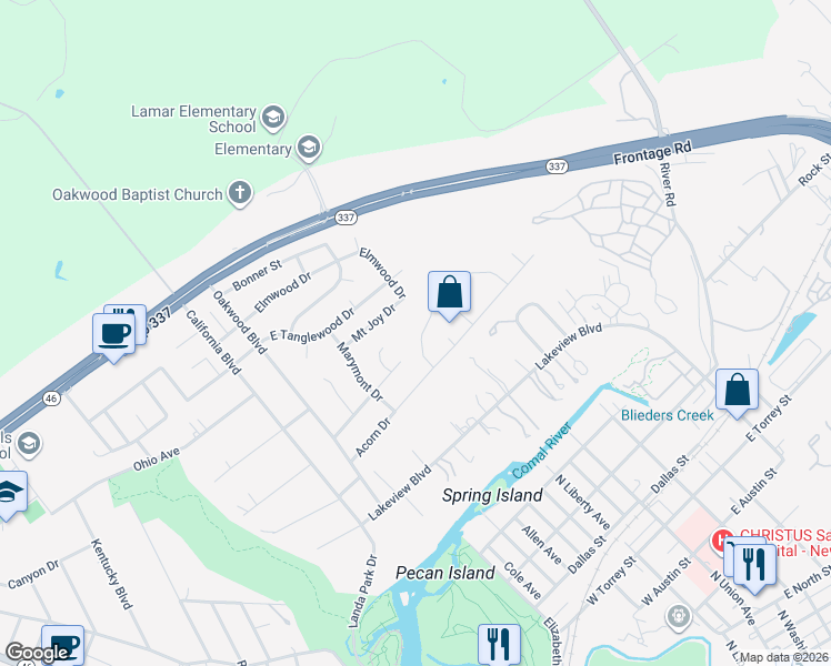 map of restaurants, bars, coffee shops, grocery stores, and more near 410 Williams Way in New Braunfels