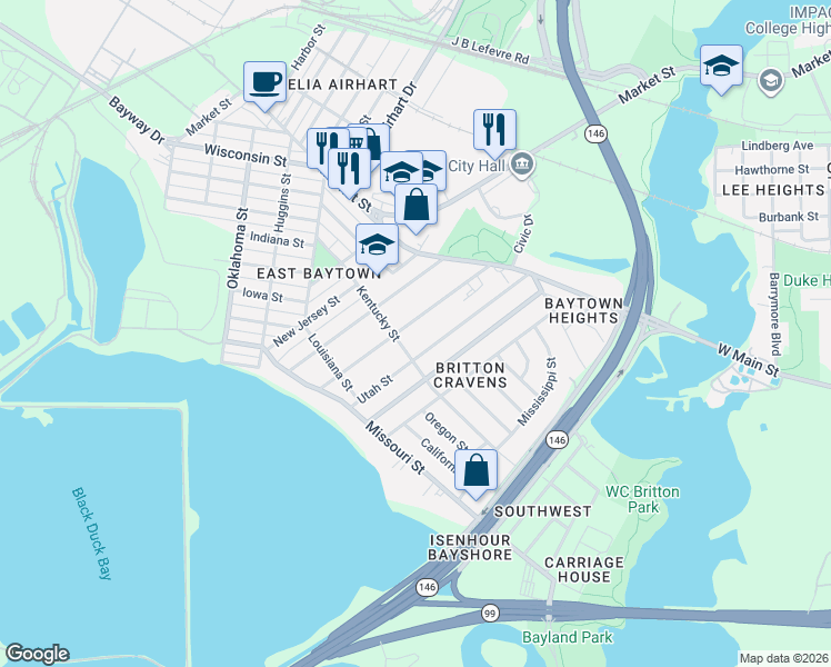 map of restaurants, bars, coffee shops, grocery stores, and more near 1900 Utah Street in Baytown