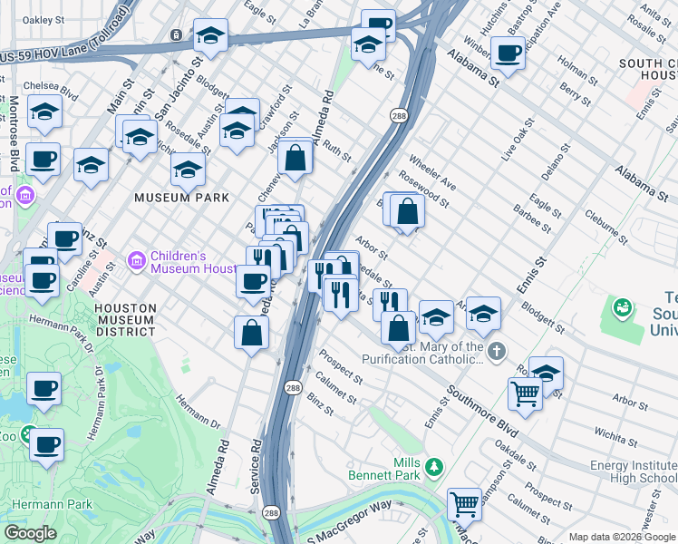 map of restaurants, bars, coffee shops, grocery stores, and more near 2222 Wichita Street in Houston
