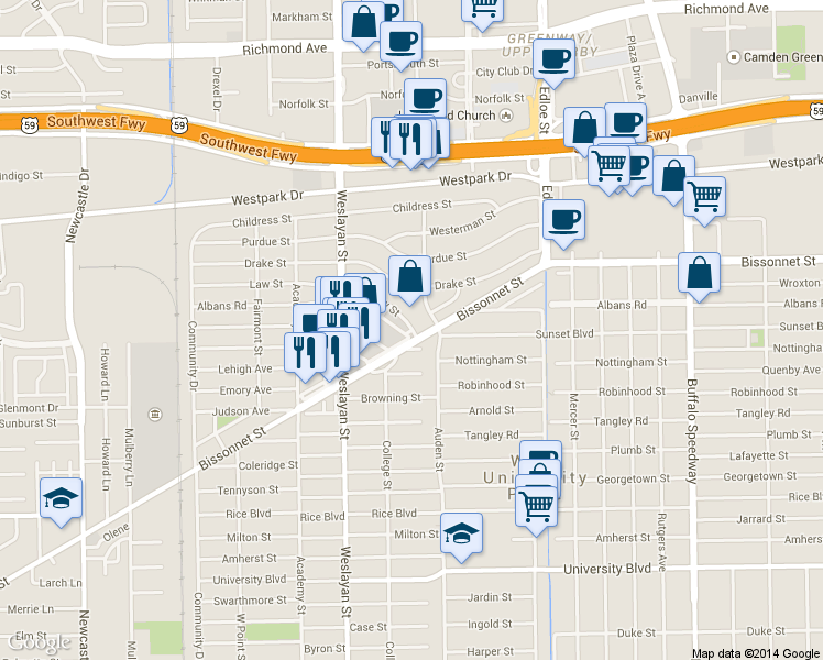 map of restaurants, bars, coffee shops, grocery stores, and more near 3900 Bissonnet Street in Houston