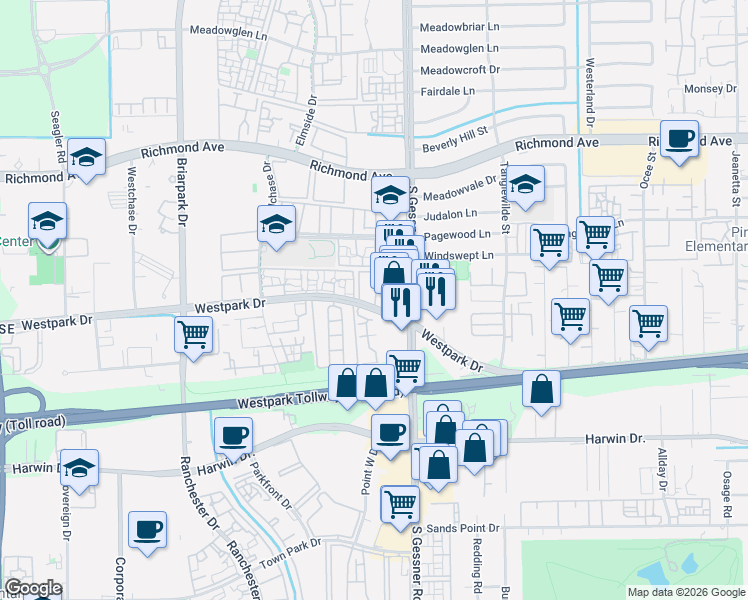 map of restaurants, bars, coffee shops, grocery stores, and more near 10021 Westpark Drive in Houston