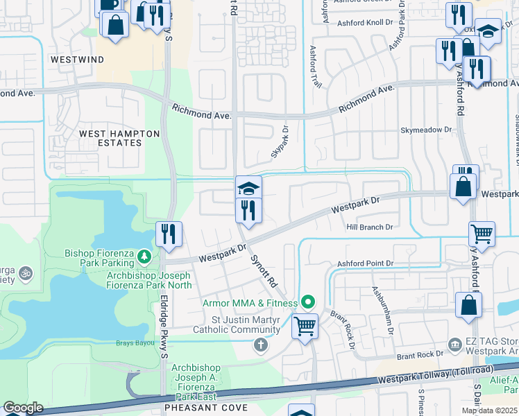 map of restaurants, bars, coffee shops, grocery stores, and more near 13100 Westpark Dr in Houston