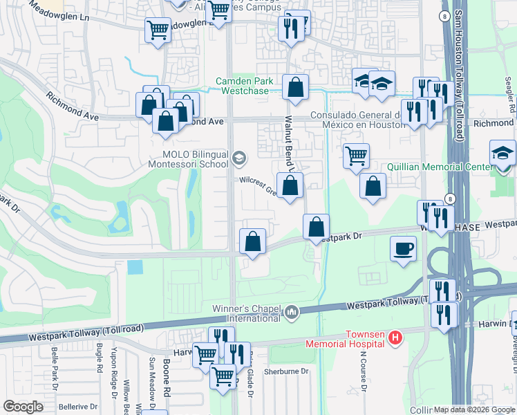 map of restaurants, bars, coffee shops, grocery stores, and more near 11123 Royce Palms Drive in Houston
