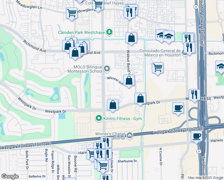 map of restaurants, bars, coffee shops, grocery stores, and more near 11212 Westpark Drive in Houston