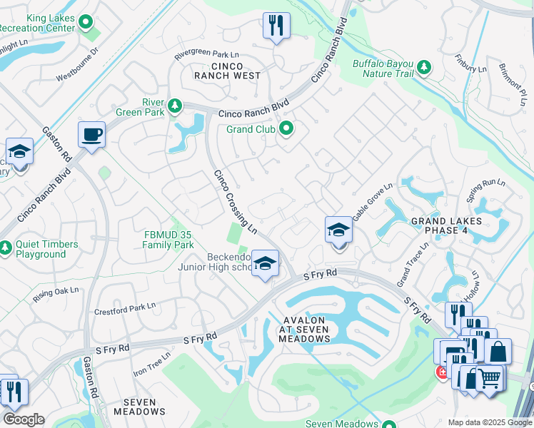 map of restaurants, bars, coffee shops, grocery stores, and more near 25302 Sandy Trace Lane in Katy
