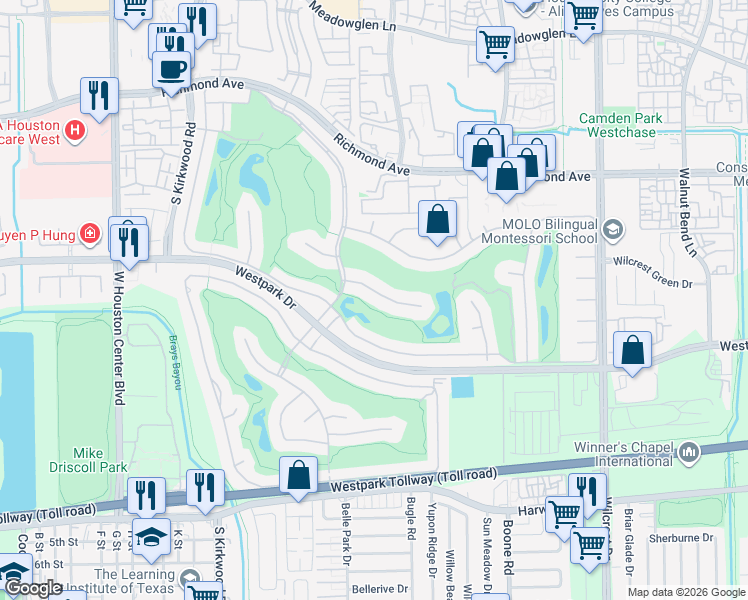 map of restaurants, bars, coffee shops, grocery stores, and more near 11627 Versailles Lakes Lane in Houston