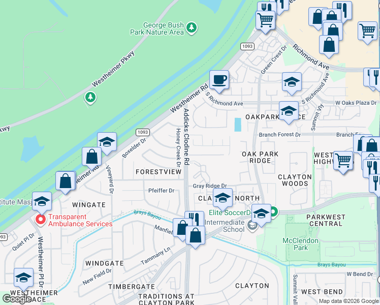 map of restaurants, bars, coffee shops, grocery stores, and more near 15426 Addicks Stone Drive in Houston