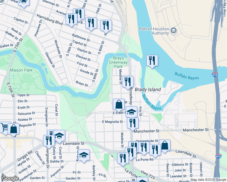 map of restaurants, bars, coffee shops, grocery stores, and more near 416 Fennell Street in Houston