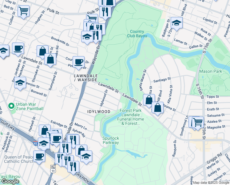 map of restaurants, bars, coffee shops, grocery stores, and more near 6739 Meadowlawn Street in Houston